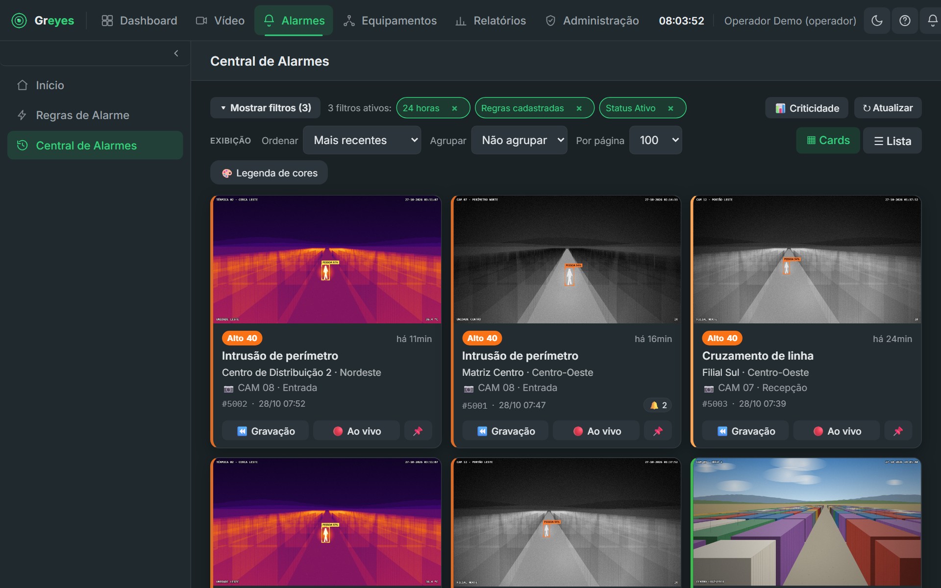 Central de Alarmes com cartões de alarme e fotos das câmeras